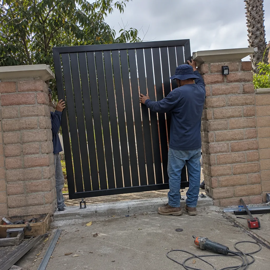 Two workers installing a modern black metal residential gate
