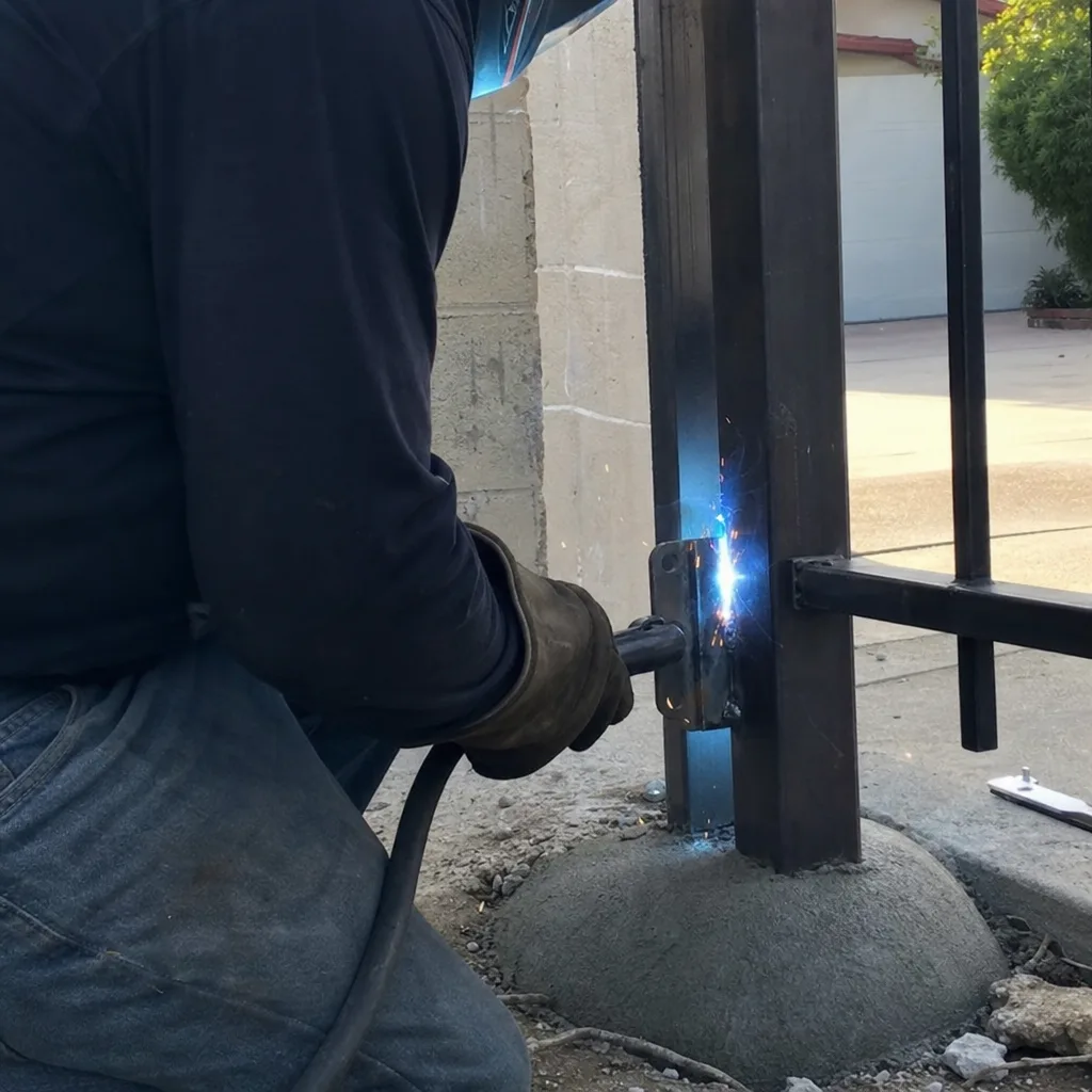 Professional welder performing gate repair and steel fence installation