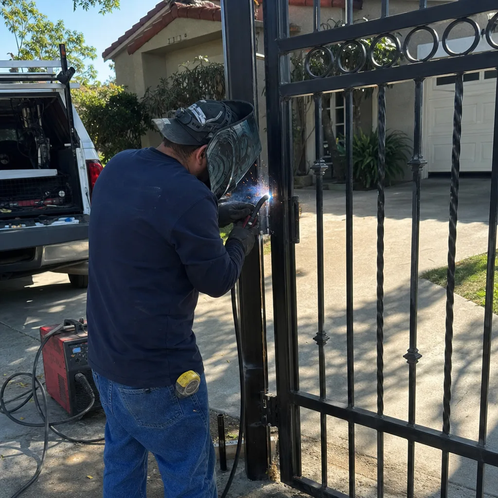 Professional welder performing residential metal gate hinge repair